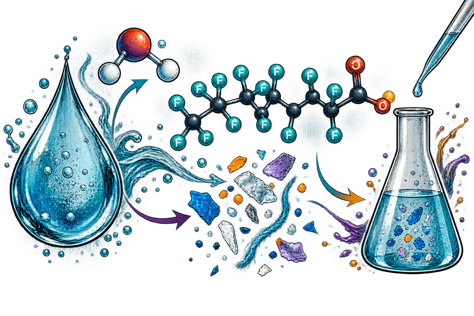 Editorial chemistry illustration with a water droplet, molecule chain, microplastic fragments, and laboratory flask