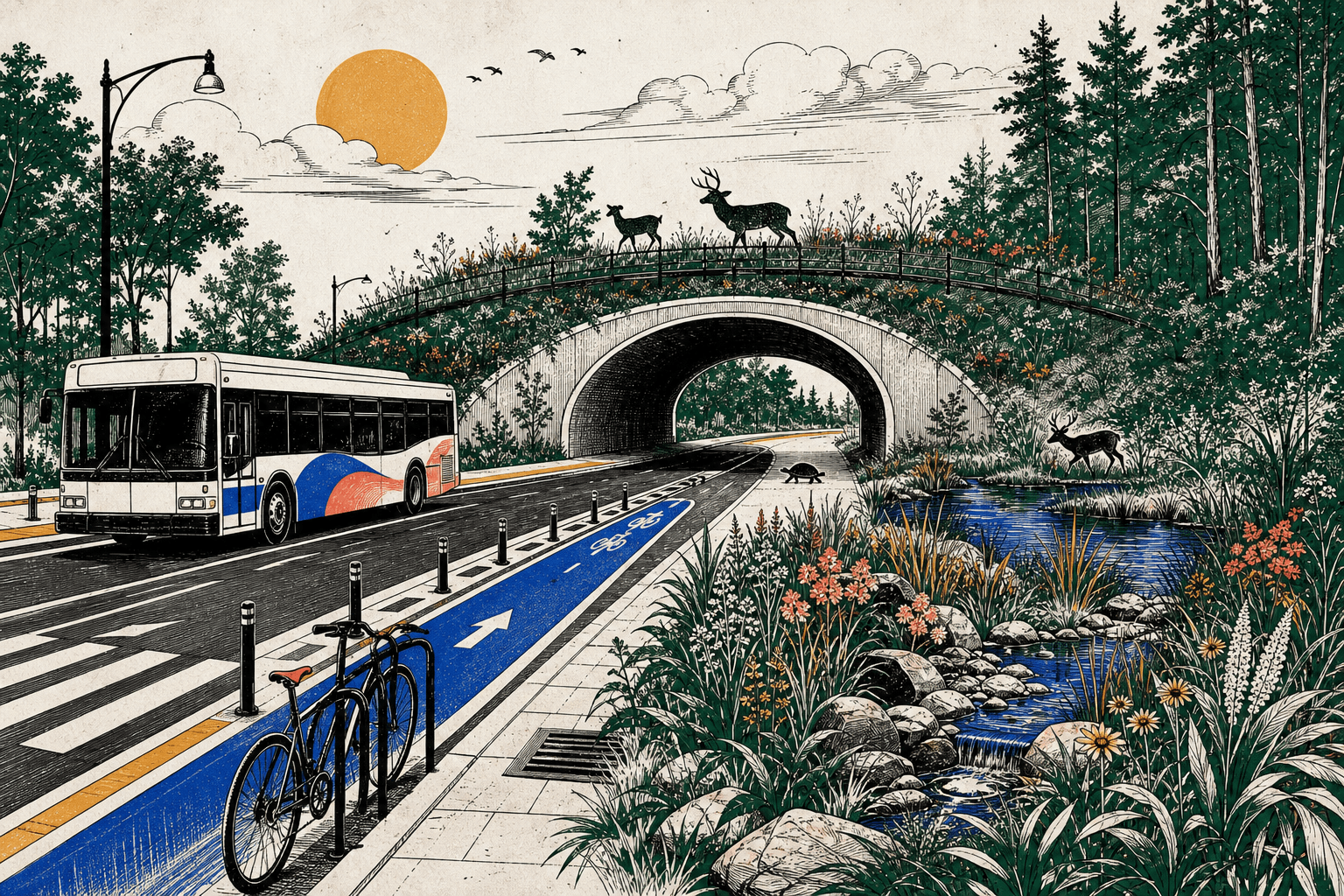 Editorial illustration of a complete street with bus and bike lane beside a wildlife crossing over a wetland corridor