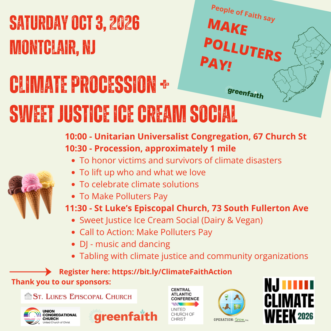Flyer for the Climate Procession and Ice Cream Social in Montclair on October 3, 2026, with procession, ice cream, music, and community activities