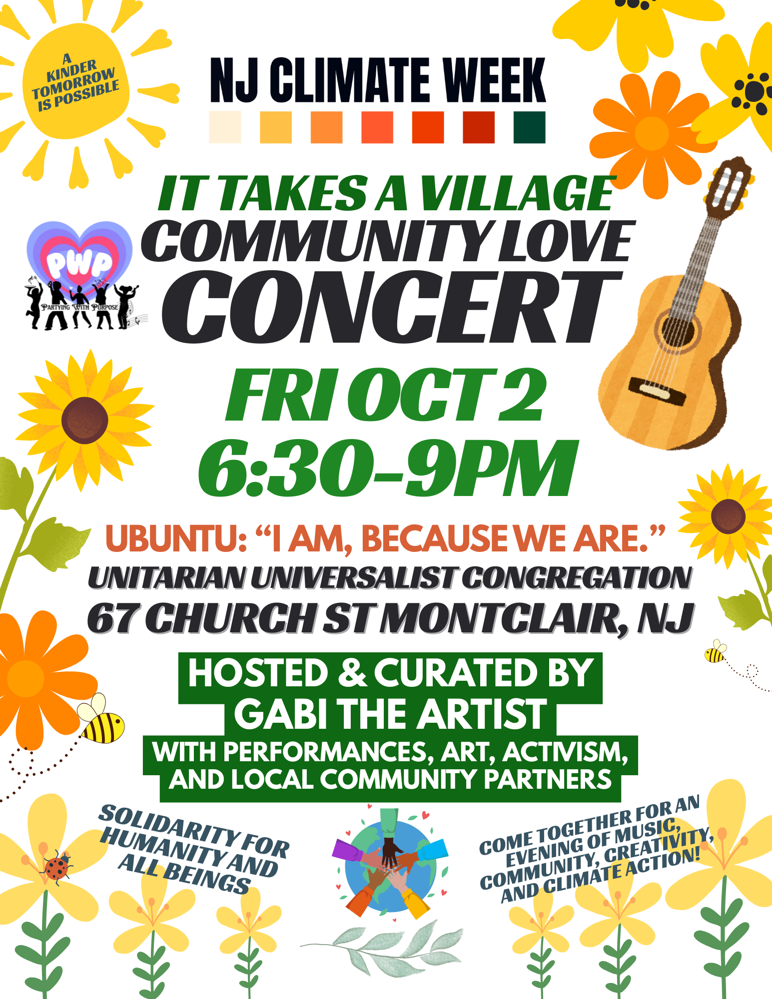 Illustrated flyer for It Takes a Village: Community Love Concert on Friday, October 2, 2026, from 6:30 to 9:00 PM at 67 Church Street in Montclair, hosted by Gabi the Artist