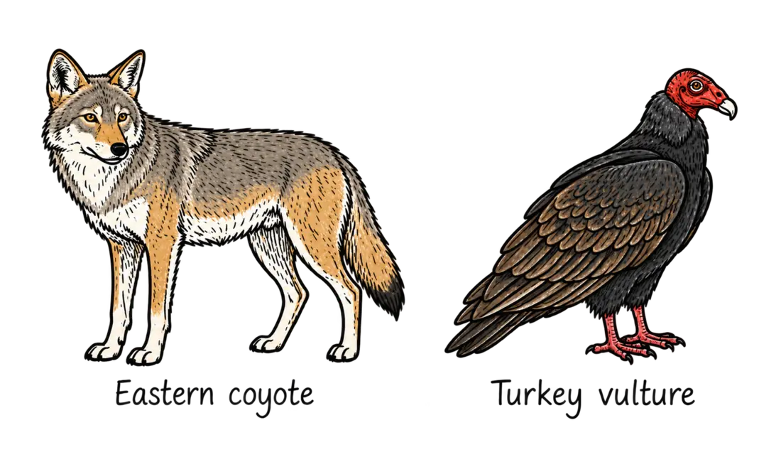 Hand-drawn Eastern coyote and turkey vulture, each labeled by species