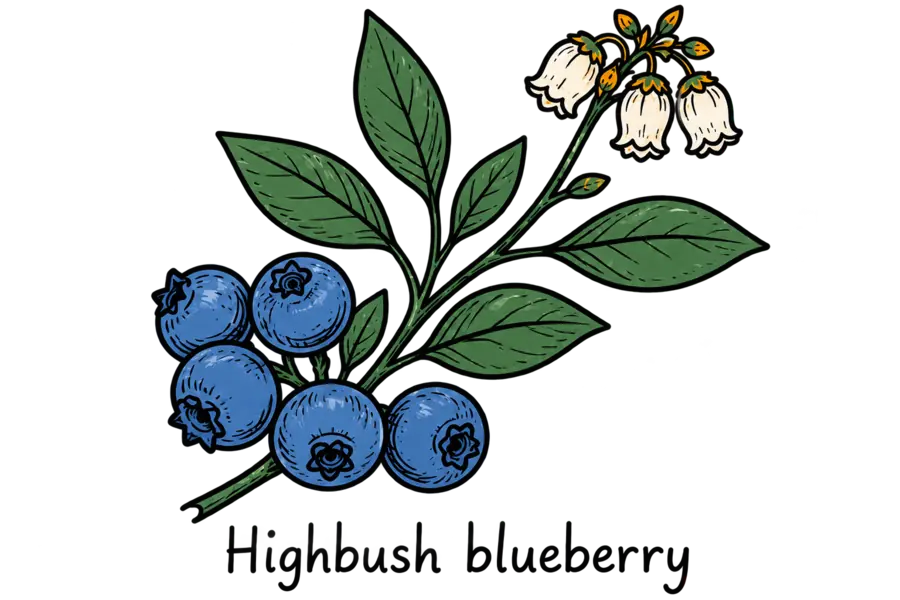 Hand-drawn highbush blueberry labeled Highbush blueberry