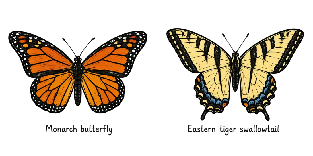 Hand-drawn monarch butterfly and eastern tiger swallowtail, each labeled by species