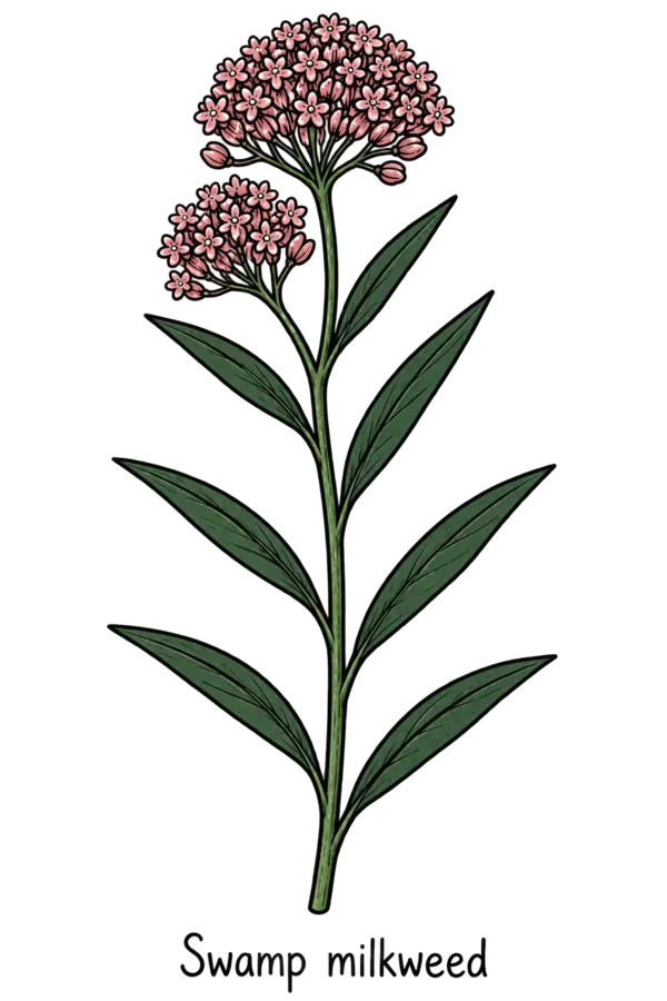 Hand-drawn swamp milkweed labeled Swamp milkweed